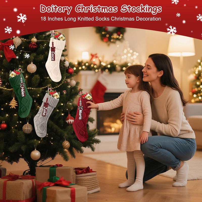 Doitory Store Christmas Stockings 18 Inches,Long Knitted Stocking with Name Tags, Christmas Decoration Hanging Stockings Fireplace Xmas Tree Ornaments for Home Family - Image 2